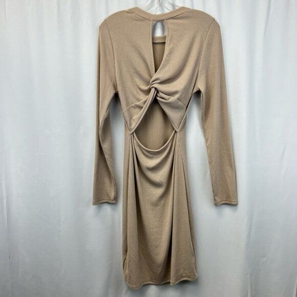 Gilli Womens Bodycon Dress Latte Cut Out Back W/ Twist Ribbed Long Sleeve L - Picture 2 of 11